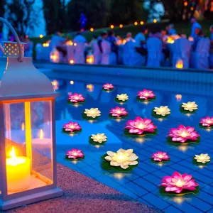 Liliful 24 Pcs Pool Floating Lights, Artificial Flowers Lifelike Lotus with LED, Battery Operated Lily Pads Water Lantern for Decor(3.94 Inch, 5.91 Inch,White, Pink)