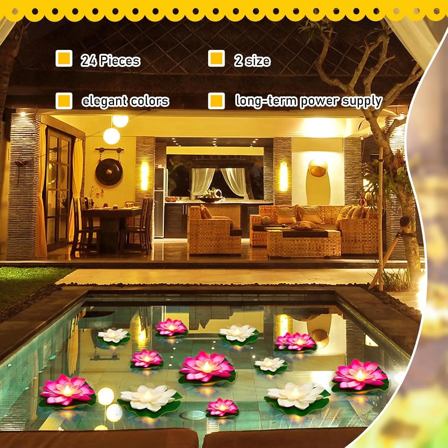 Liliful 24 Pcs Pool Floating Lights, Artificial Flowers Lifelike Lotus with LED, Battery Operated Lily Pads Water Lantern for Decor(3.94 Inch, 5.91 Inch,White, Pink)