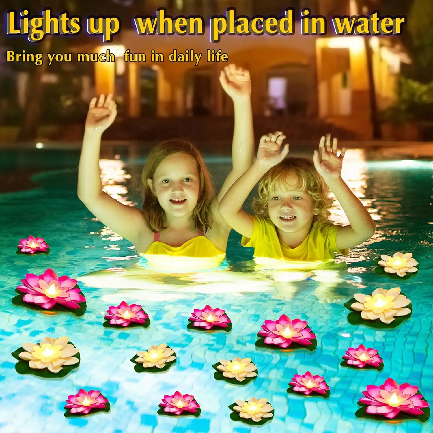 Liliful 24 Pcs Pool Floating Lights, Artificial Flowers Lifelike Lotus with LED, Battery Operated Lily Pads Water Lantern for Decor(3.94 Inch, 5.91 Inch,White, Pink)