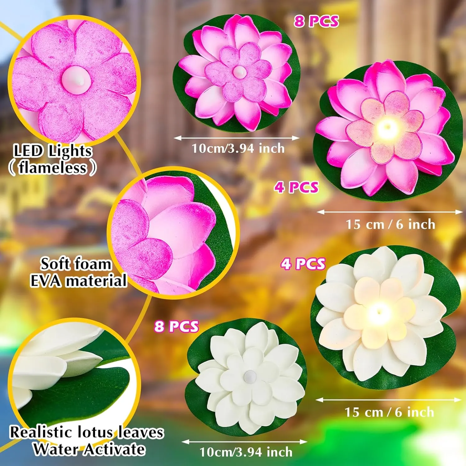 Liliful 24 Pcs Pool Floating Lights, Artificial Flowers Lifelike Lotus with LED, Battery Operated Lily Pads Water Lantern for Decor(3.94 Inch, 5.91 Inch,White, Pink)