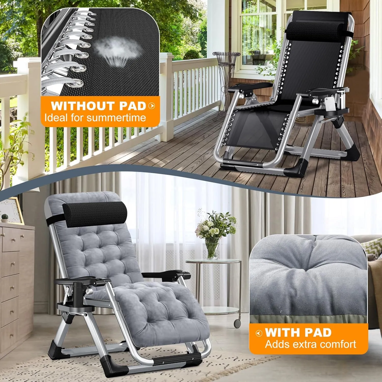 LILYPELLE Comfy Folding Chair, Folding Lounge Chair for Bedroom and Living Room, Folding Reclining Patio Chairs with Removable Cushion for Indoor Outdoor