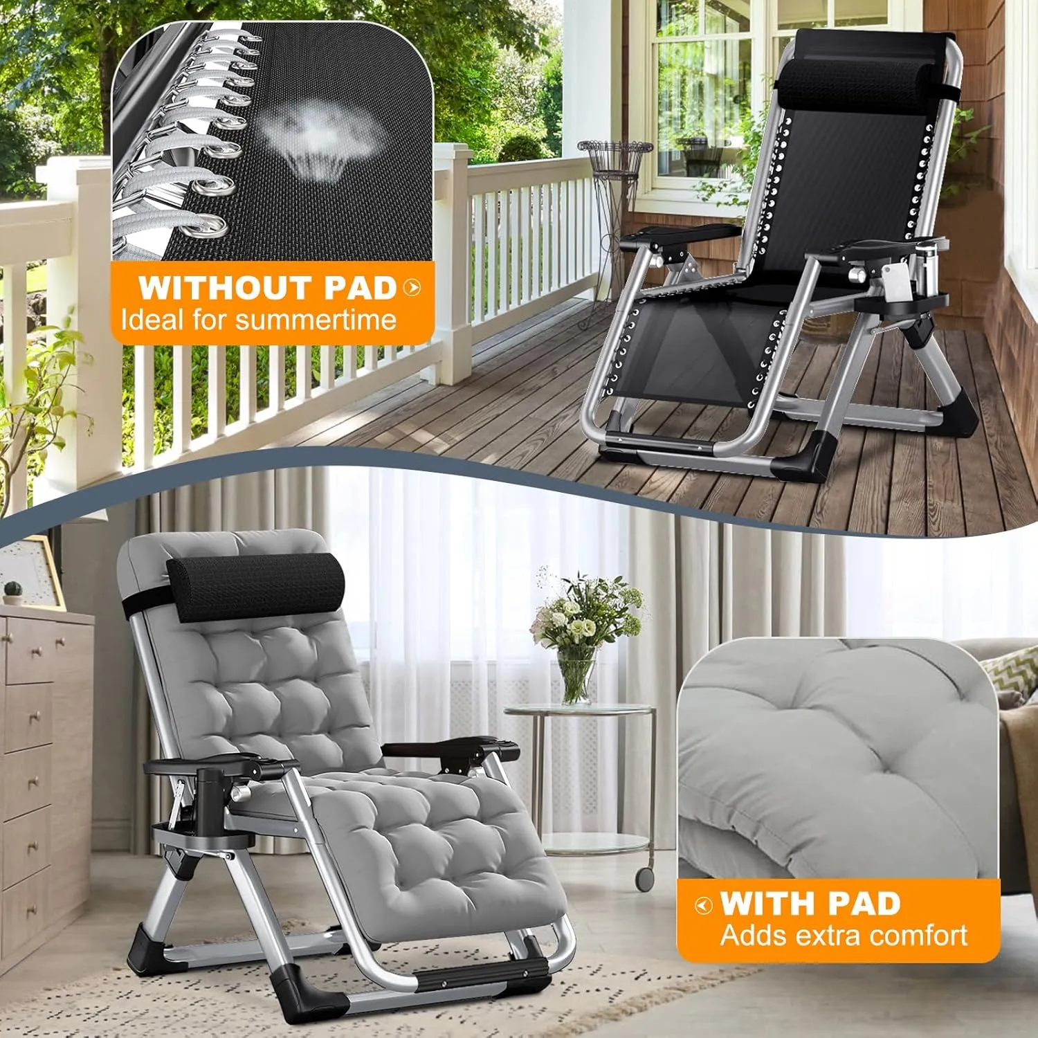 LILYPELLE Comfy Folding Chair, Folding Lounge Chair for Bedroom and Living Room, Folding Reclining Patio Chairs with Removable Cushion for Indoor Outdoor