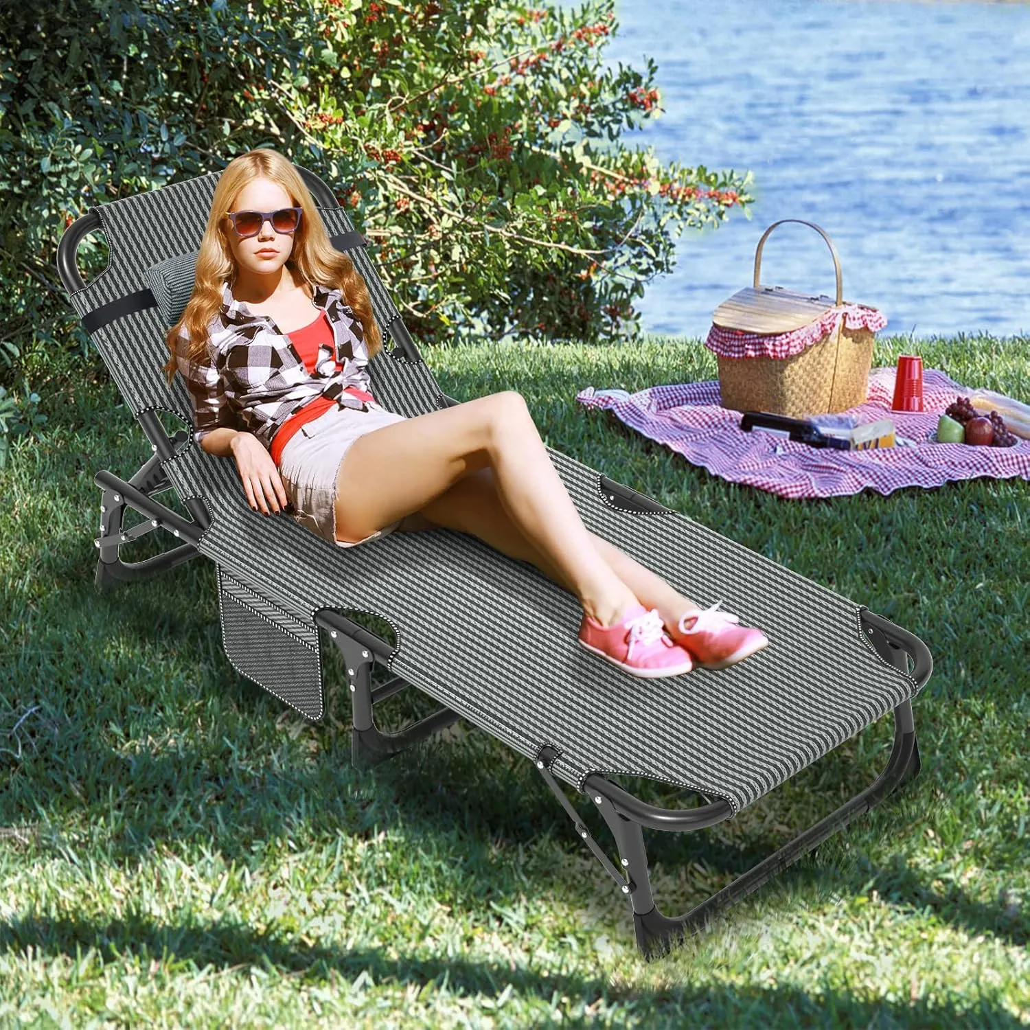 LILYPELLE Lounge Chair with Mattress, Heavy Duty Outside Lounge Chair Outdoor Portable Folding Lounge Chairs Sleeping Cots Bed for Camping, Pool, Beach, Patio
