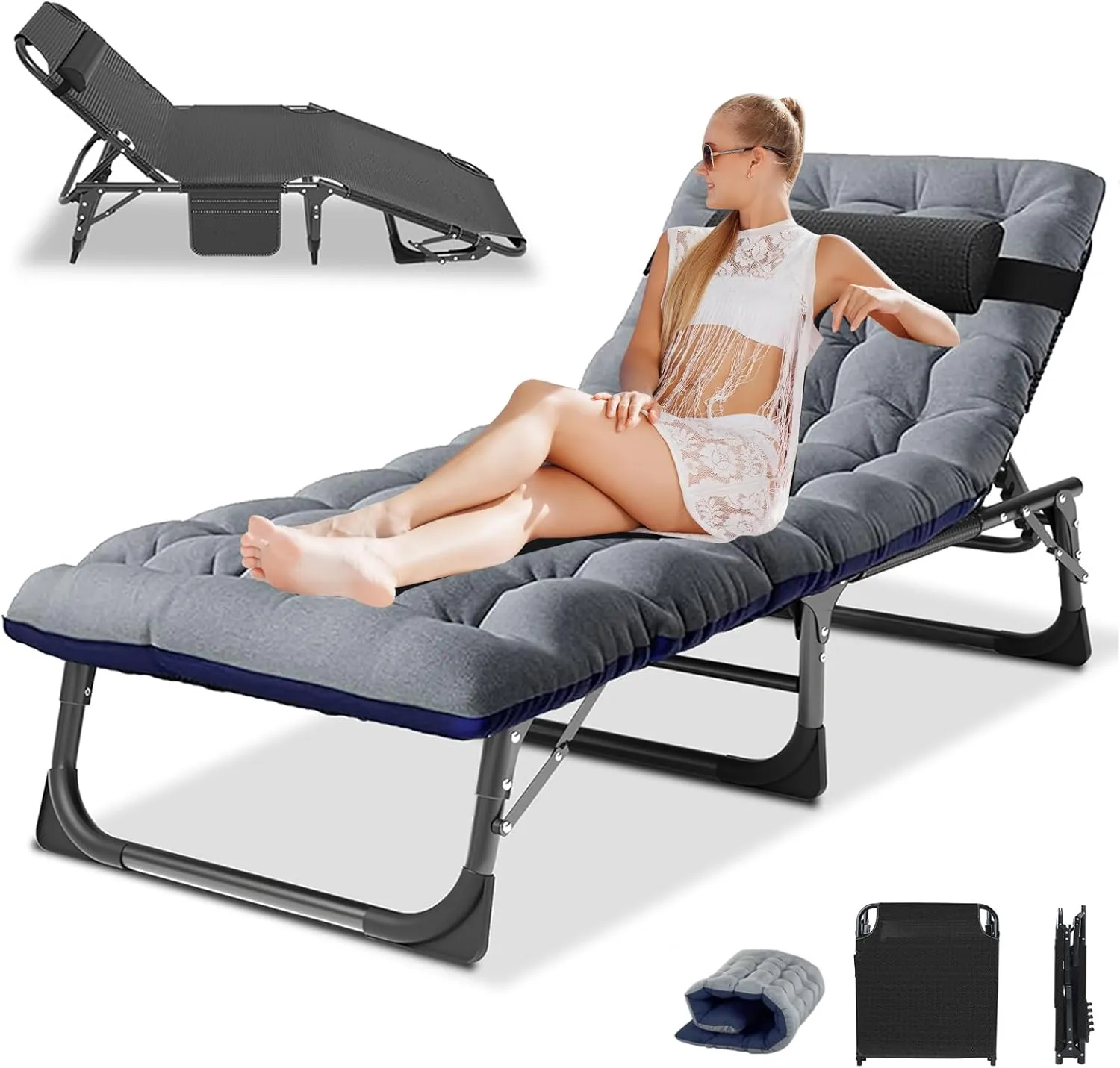 LILYPELLE Lounge Chair with Mattress, Heavy Duty Outside Lounge Chair Outdoor Portable Folding Lounge Chairs Sleeping Cots Bed for Camping, Pool, Beach, Patio