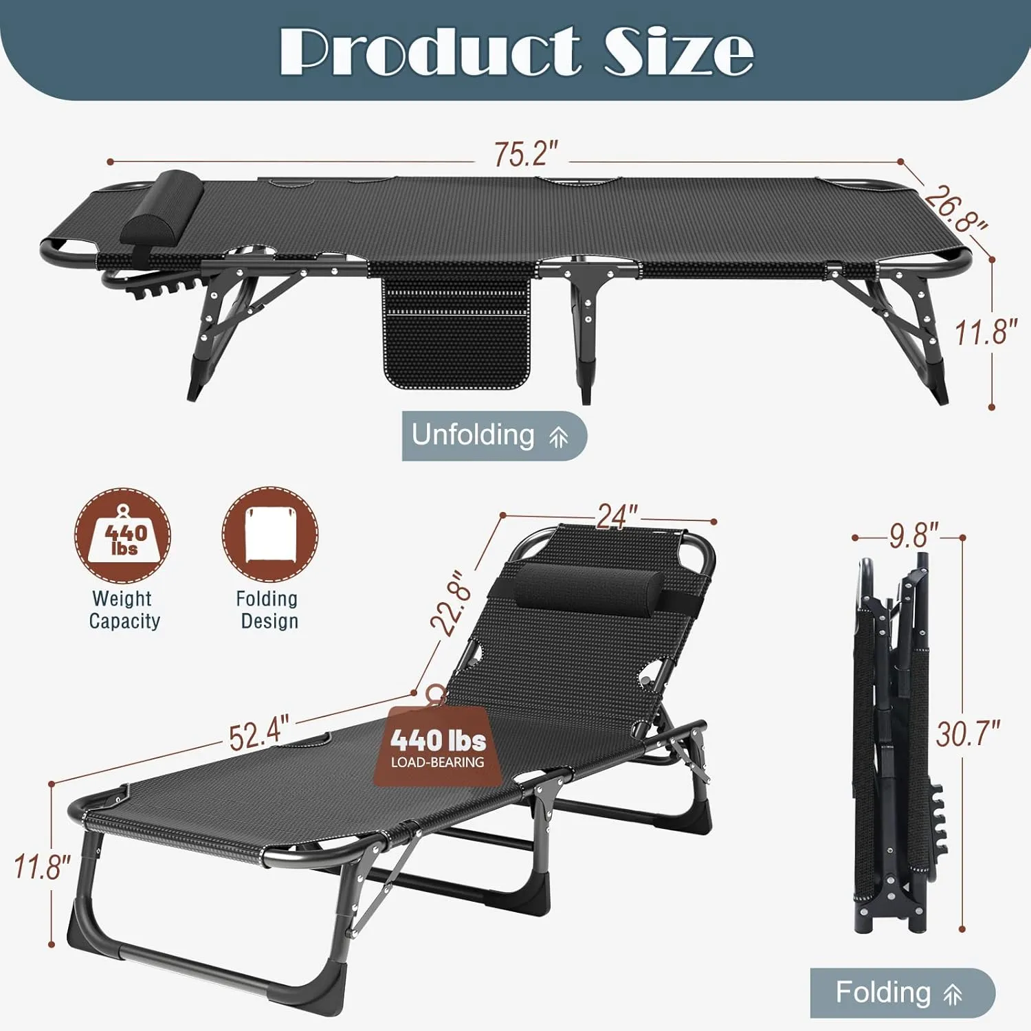 LILYPELLE Lounge Chair with Mattress, Heavy Duty Outside Lounge Chair Outdoor Portable Folding Lounge Chairs Sleeping Cots Bed for Camping, Pool, Beach, Patio