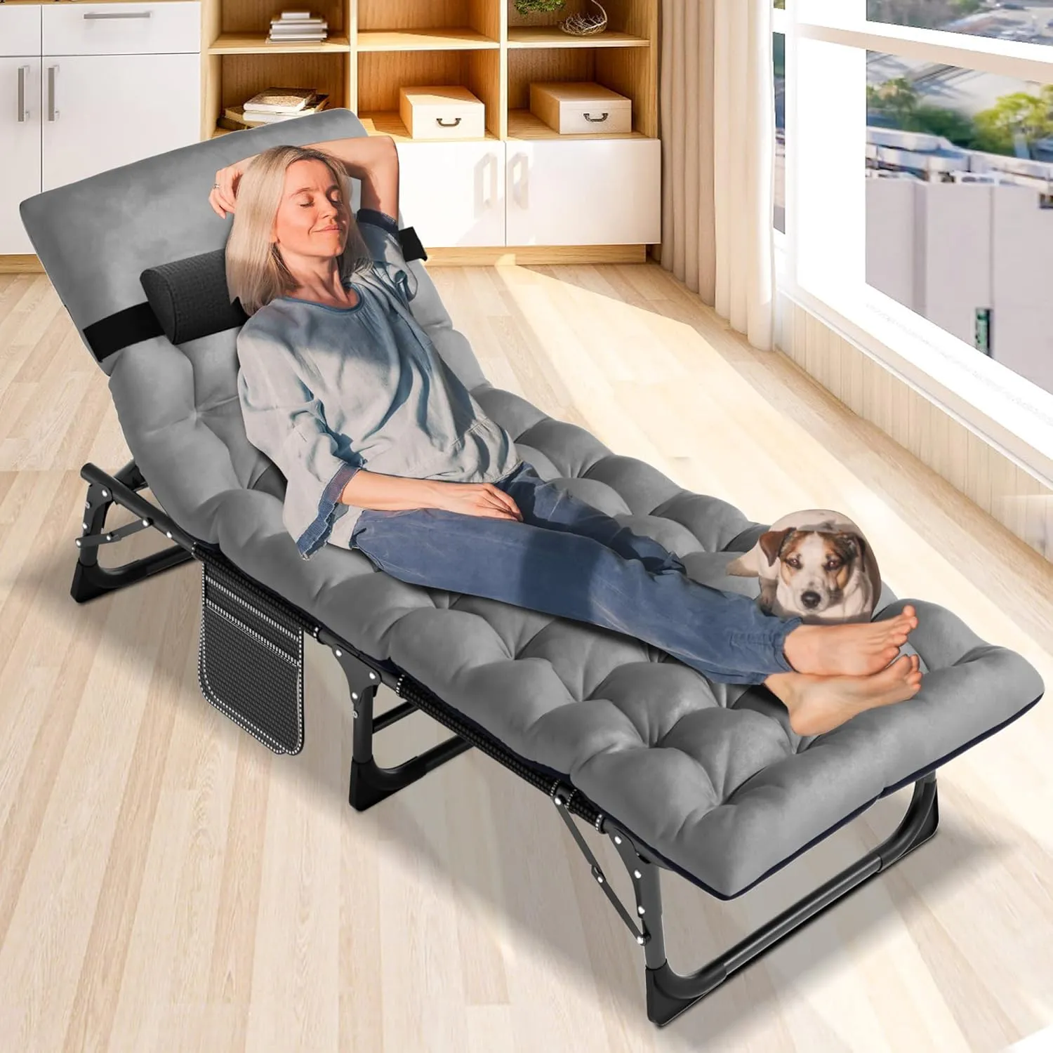 LILYPELLE Lounge Chair with Mattress, Heavy Duty Outside Lounge Chair Outdoor Portable Folding Lounge Chairs Sleeping Cots Bed for Camping, Pool, Beach, Patio