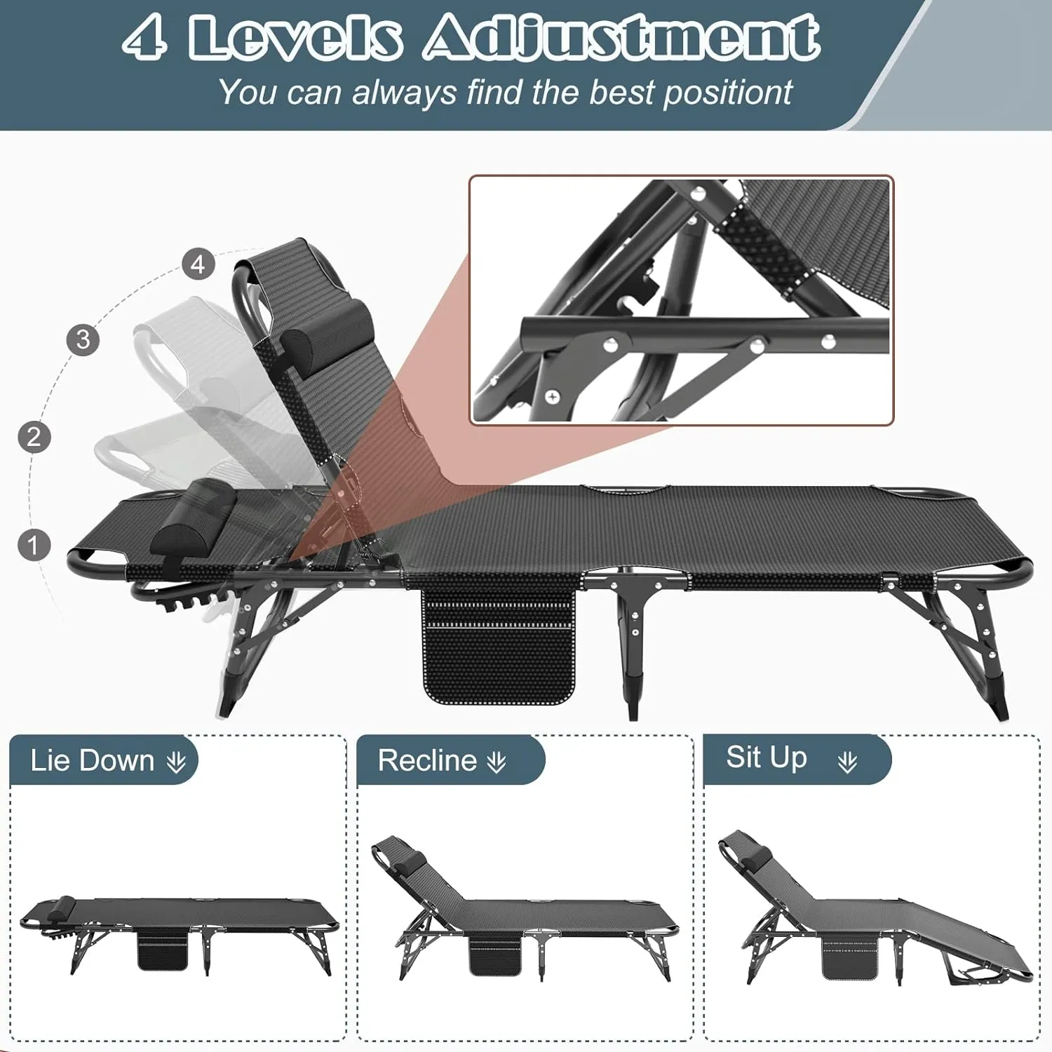 LILYPELLE Lounge Chair with Mattress, Heavy Duty Outside Lounge Chair Outdoor Portable Folding Lounge Chairs Sleeping Cots Bed for Camping, Pool, Beach, Patio