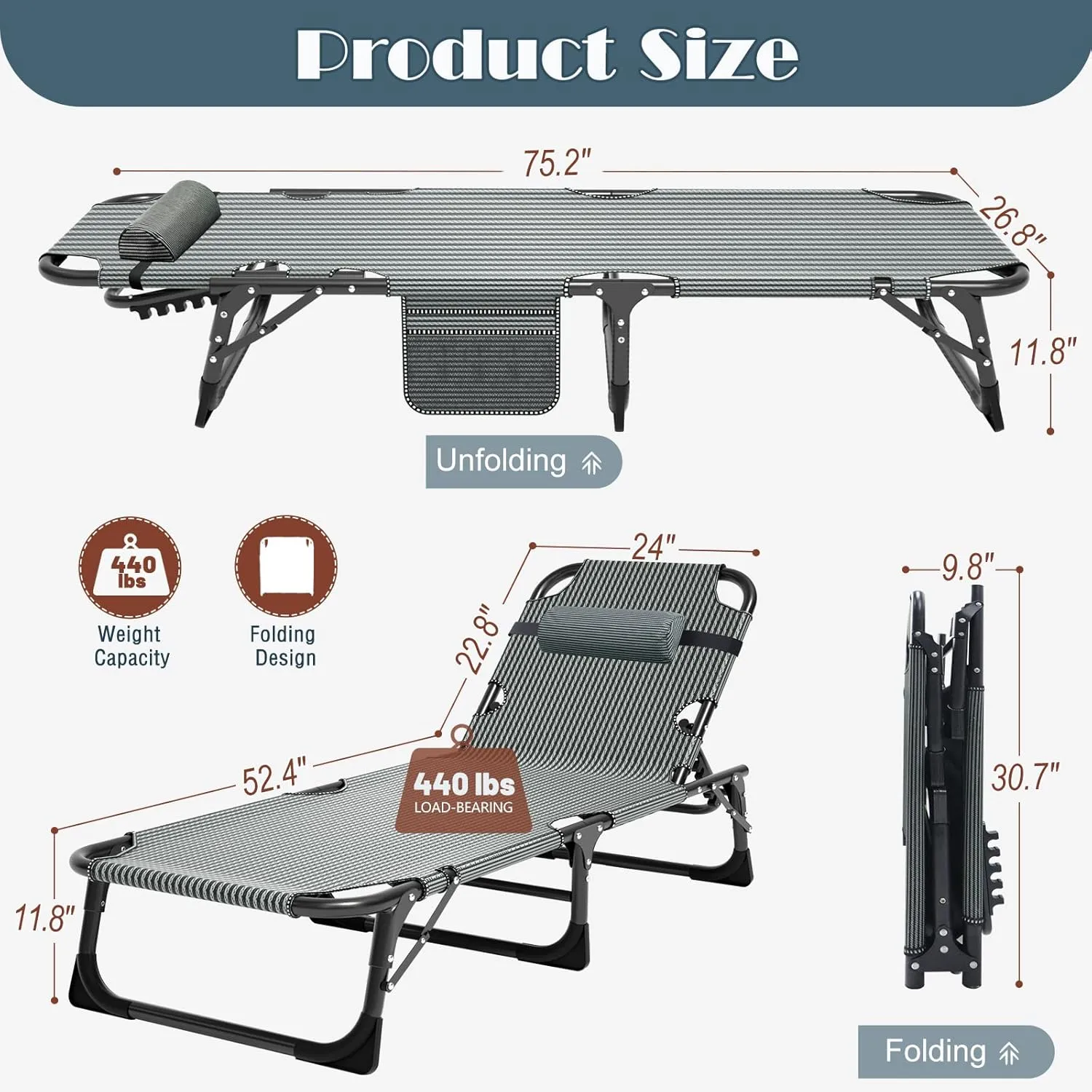 LILYPELLE Lounge Chair with Mattress, Heavy Duty Outside Lounge Chair Outdoor Portable Folding Lounge Chairs Sleeping Cots Bed for Camping, Pool, Beach, Patio