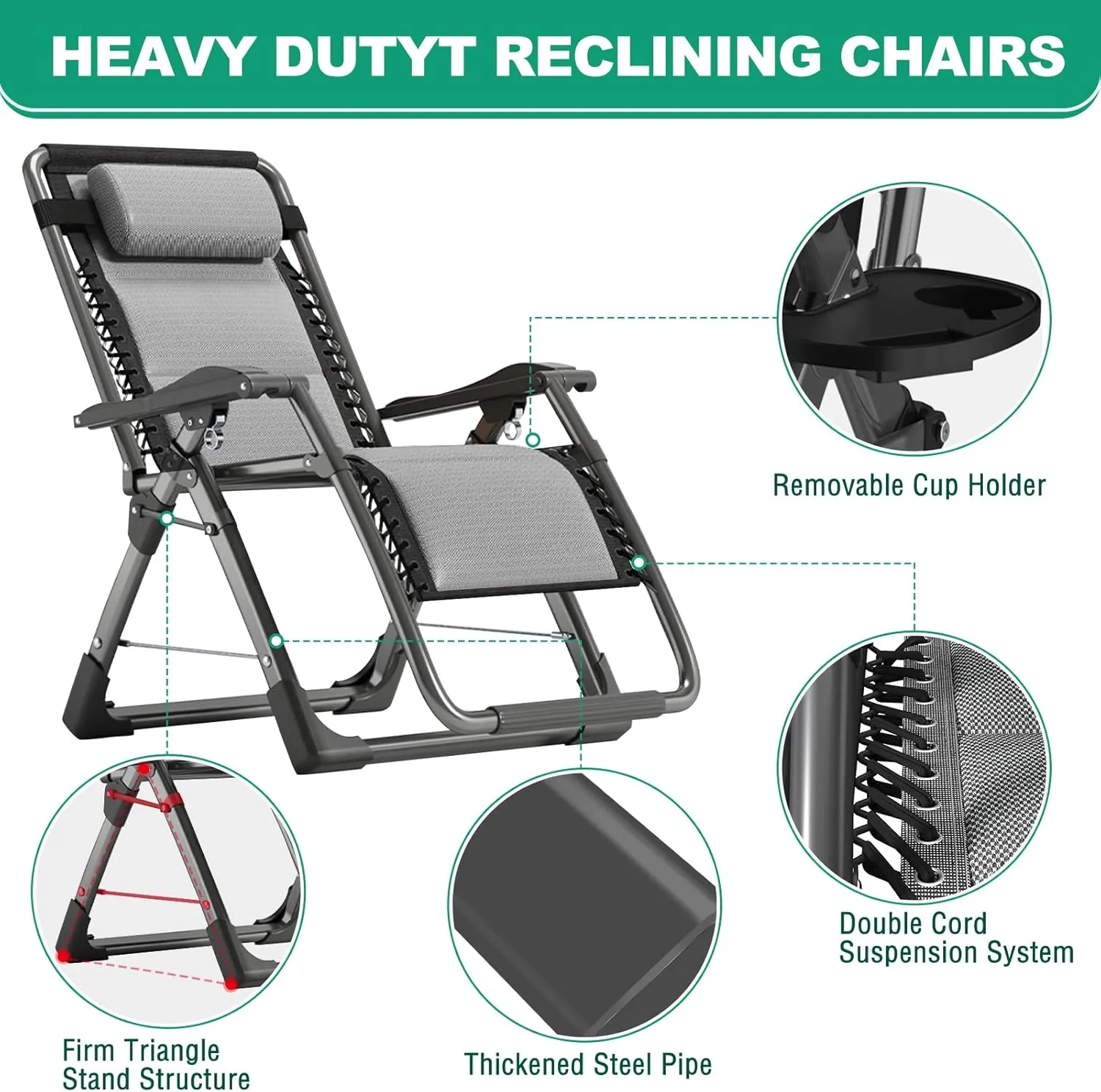 LILYPELLE Zero Gravity Chair, Premium Lawn Recliner Folding Portable Chaise Lounge with Detachable Headrest and Cup Holder, Reclining Patio Lounger Chair