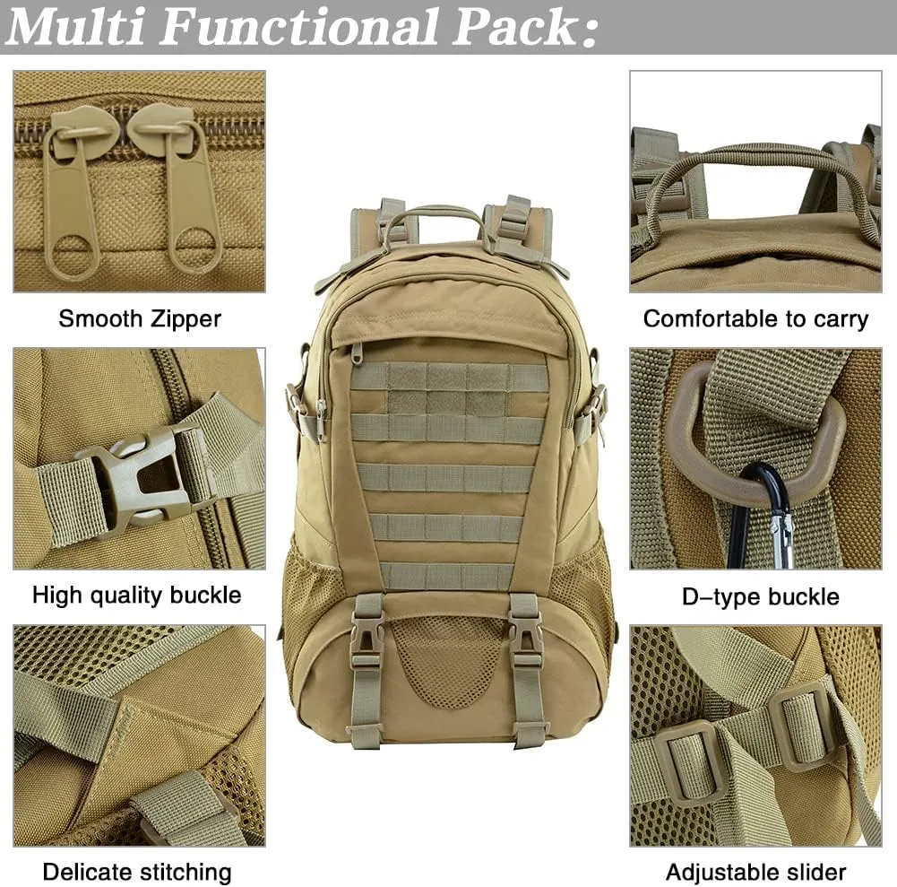 LIMHOO Tactical Backpack for Men Military Molle Bag Hiking Day Pack 27L Army Waterproof EDC Rucksack with USA Flag Patch (Khaki)