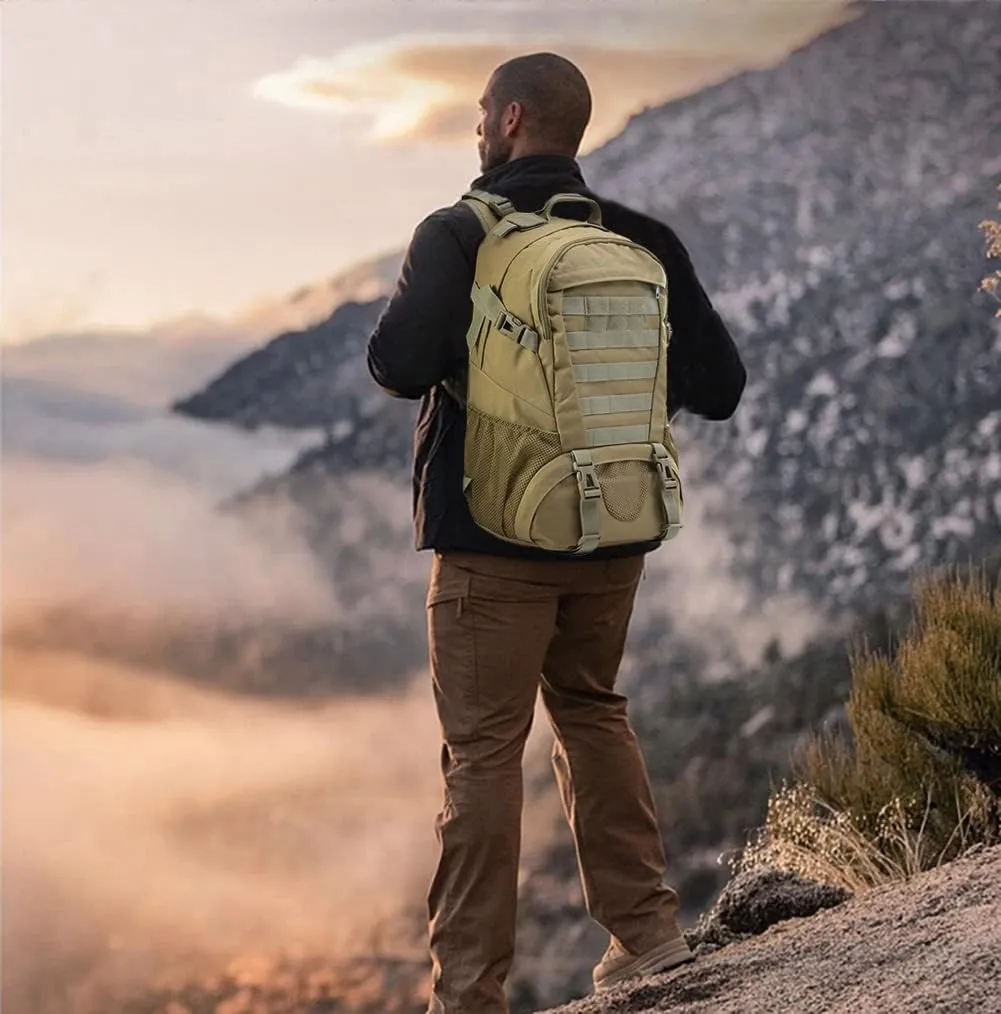 LIMHOO Tactical Backpack for Men Military Molle Bag Hiking Day Pack 27L Army Waterproof EDC Rucksack with USA Flag Patch (Khaki)