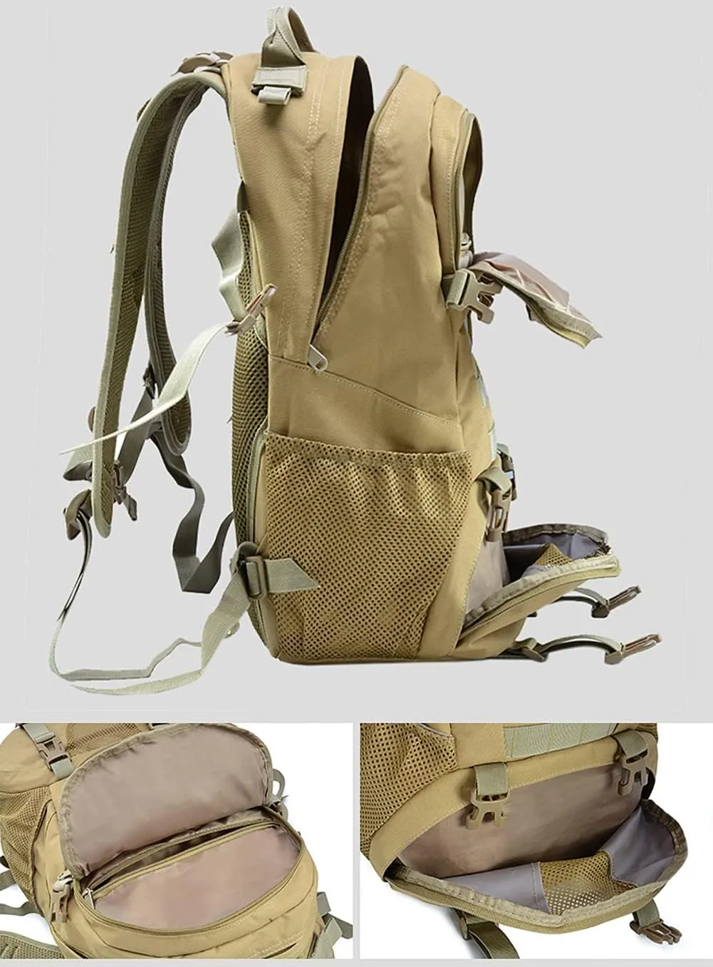 LIMHOO Tactical Backpack for Men Military Molle Bag Hiking Day Pack 27L Army Waterproof EDC Rucksack with USA Flag Patch (Khaki)