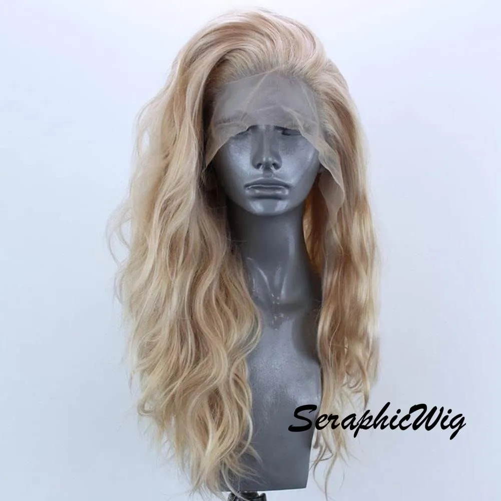 Linen Lace Front Wig for Women Long Curly Synthetic Wigs Blonde Heat Resistant Fiber Hair 24 inches