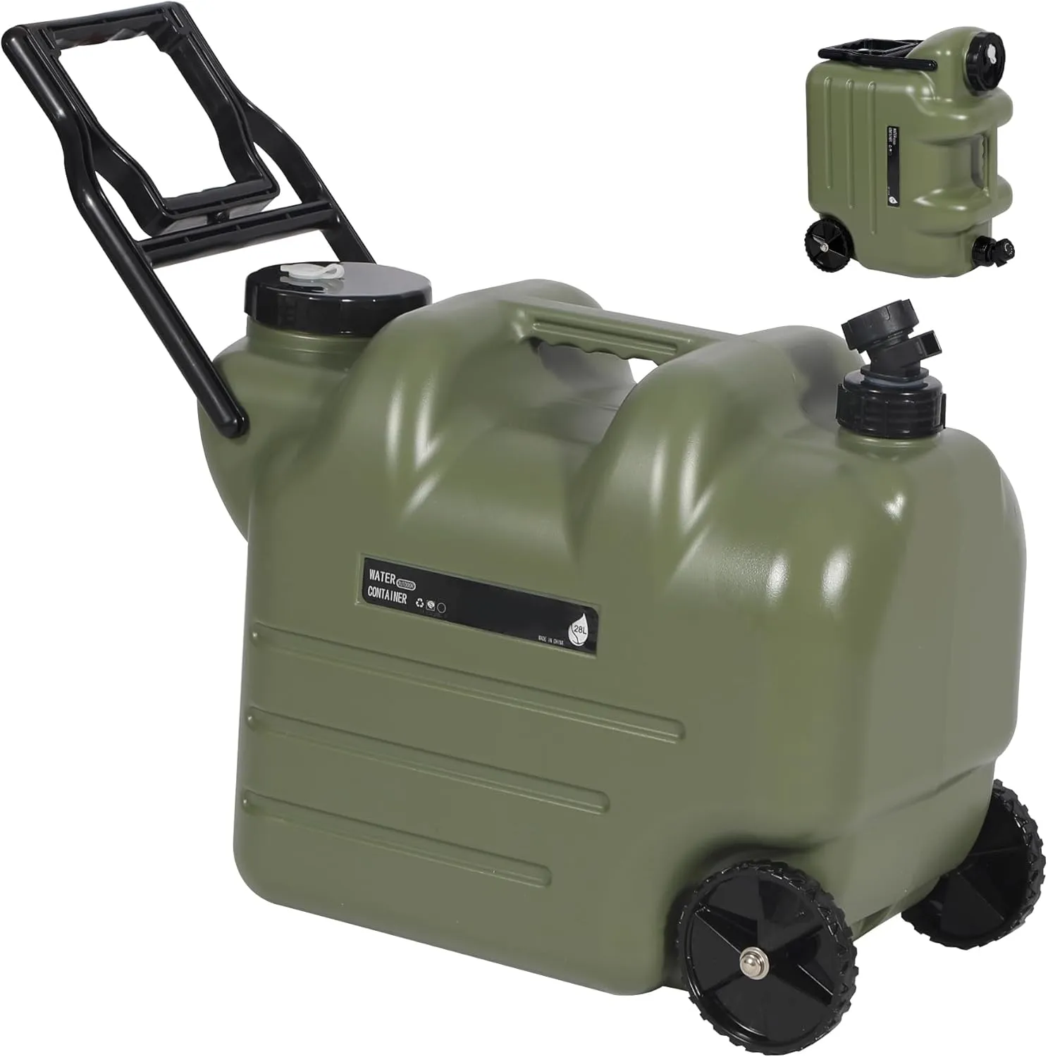 Lineslife 7.4 Gallon Water Container with Spigot, Portable Emergency Water Storage Tank with Wheels & Folding Handle, BPA Free Water Jug for Camping Outdoor Hiking (28L, Green)