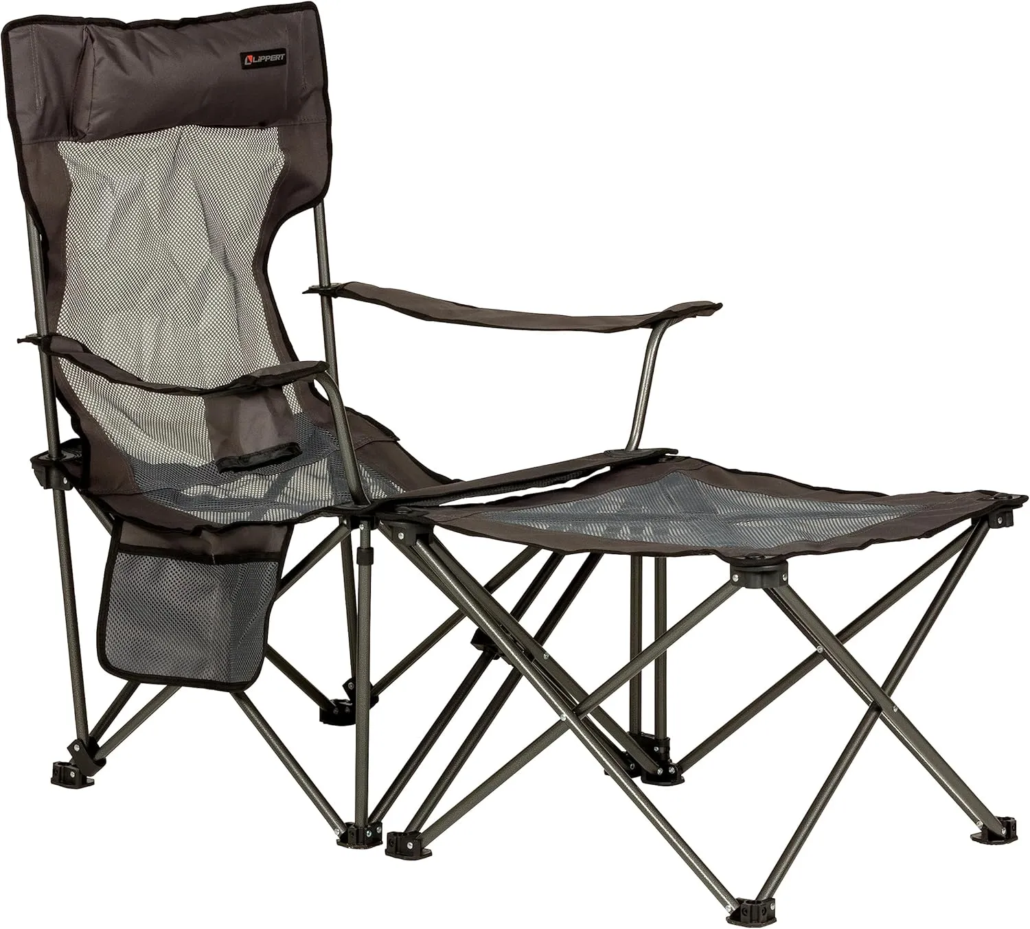 Lippert Sun Soaker Two-Position Vented Reclining Camping Chair with Footrest, 600D Polyester Fabric, Mesh Back/Seat, Padded Headrest, Cupholder, 250-lb. Weight Capacity, Dark Grey Color - 2022114830