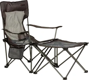 Lippert Sun Soaker Two-Position Vented Reclining Camping Chair with Footrest, 600D Polyester Fabric, Mesh Back/Seat, Padded Headrest, Cupholder, 250-lb. Weight Capacity, Dark Grey Color - 2022114830