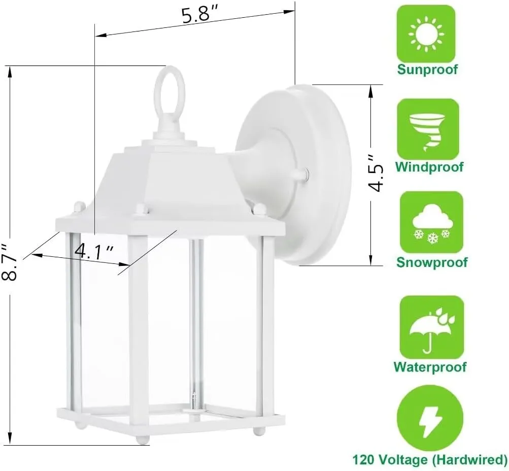 LIT-PaTH Outdoor LED Wall Lantern, Wall Sconce as Porch Light, 9.5W 800 Lumen, Aluminum Housing Plus Glass, 5000k-Matte White Finish, 2-Pack