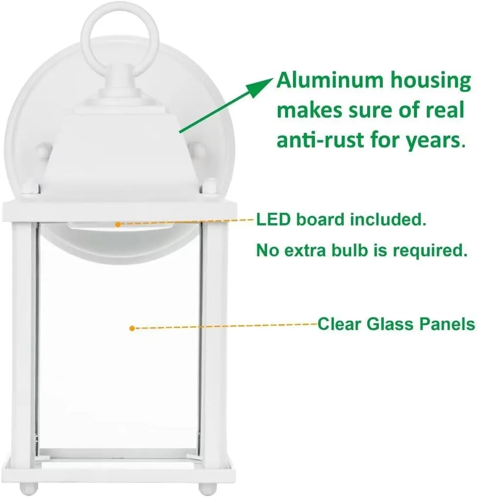 LIT-PaTH Outdoor LED Wall Lantern, Wall Sconce as Porch Light, 9.5W 800 Lumen, Aluminum Housing Plus Glass, 5000k-Matte White Finish, 2-Pack