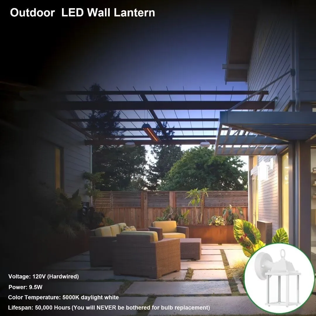 LIT-PaTH Outdoor LED Wall Lantern, Wall Sconce as Porch Light, 9.5W 800 Lumen, Aluminum Housing Plus Glass, 5000k-Matte White Finish, 2-Pack
