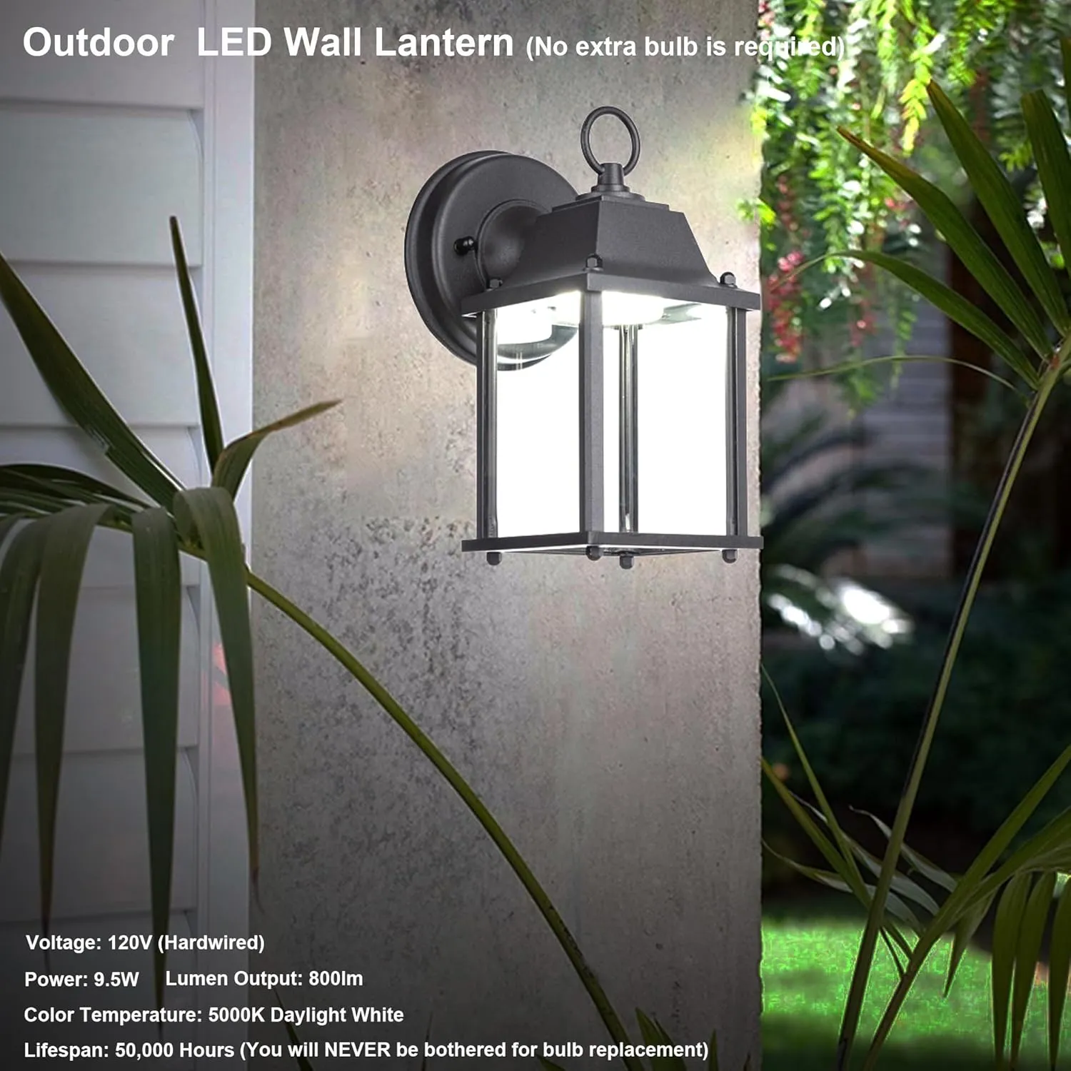 LIT-PaTH Outdoor LED Wall Lantern, Wall Sconce as Porch Lighting Fixture, 5000K Daylight White, 9.5W 800 Lumen, Aluminum Housing Plus Glass, Black Finish, 2-Pack