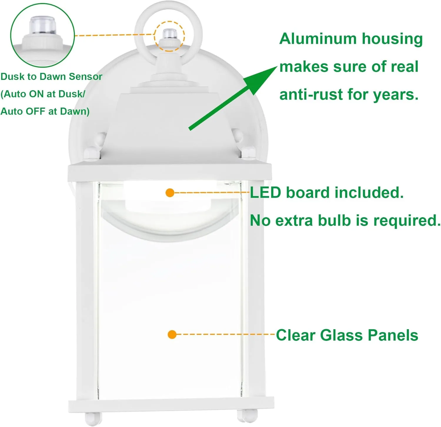 LIT-PaTH Small Outdoor LED Wall Lantern with Dusk to Dawn Photocell, 3000K Warm White, 9.5W, 800 Lumen, Aluminum Housing Plus Glass, Outdoor Rated, 1-Pack, White