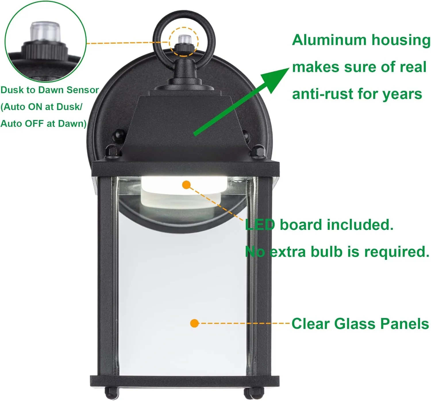 LIT-PaTH Small Outdoor LED Wall Lantern with Dusk to Dawn Photocell, 5000K Daylight White, 9.5W, 800 Lumen, Aluminum Housing Plus Glass, Outdoor Rated, 1-Pack, Black