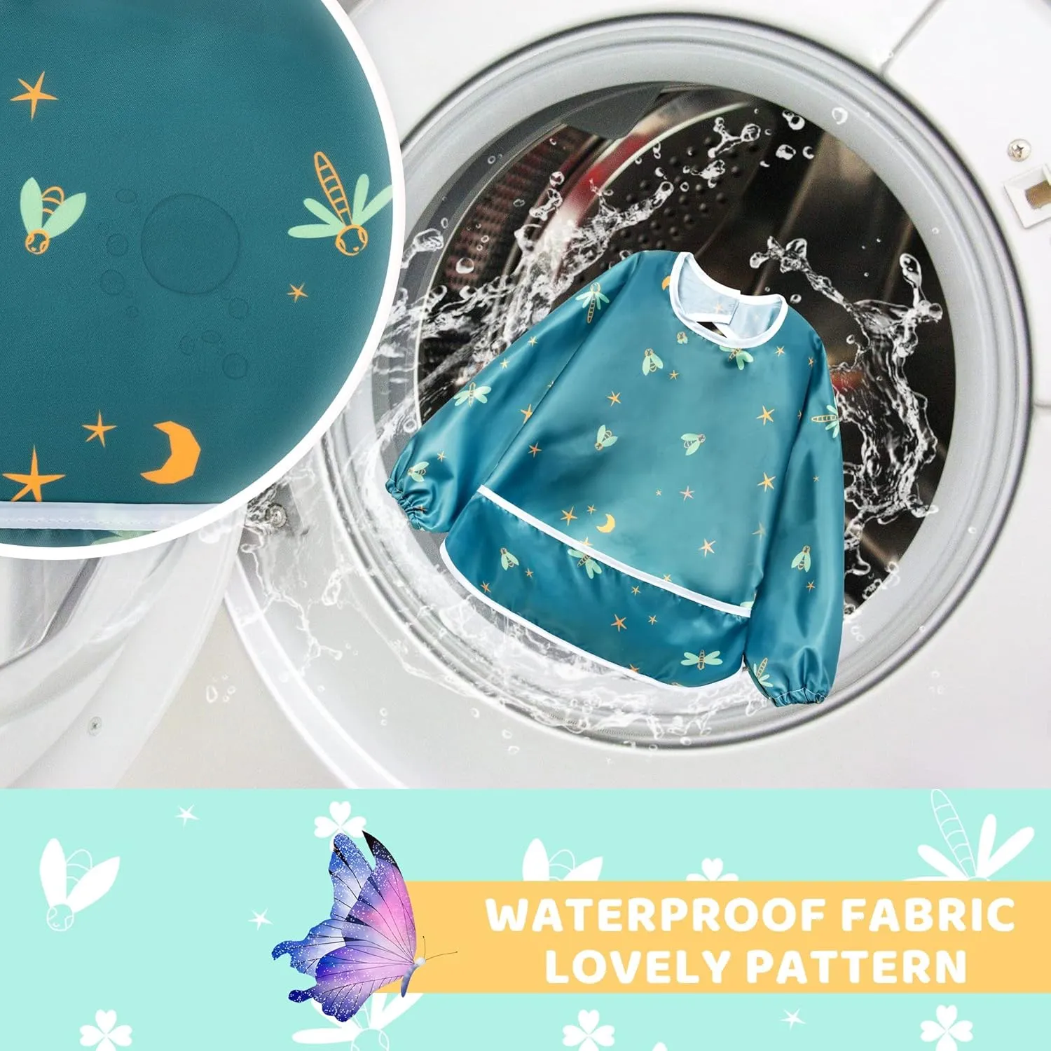 Little Dimsum Mess-Proof Baby Bibs|Infant Toddler Long Sleeve Waterproof Feeding Art Smock|Catching Food & Wipe Clean| Pack of 2 Colors(ants&dragonflies)