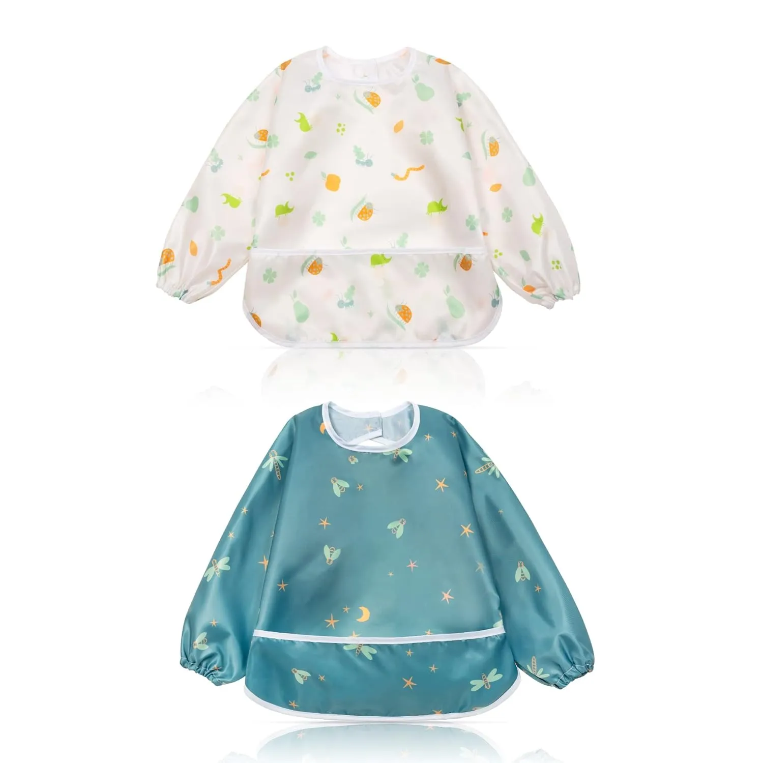 Little Dimsum Mess-Proof Baby Bibs|Infant Toddler Long Sleeve Waterproof Feeding Art Smock|Catching Food & Wipe Clean| Pack of 2 Colors(ants&dragonflies)