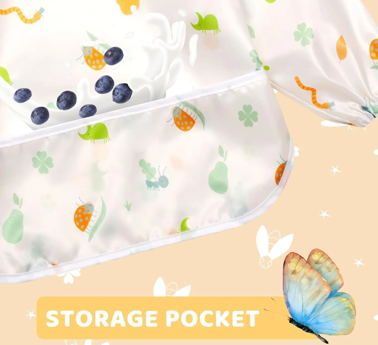 Little Dimsum Mess-Proof Baby Bibs|Infant Toddler Long Sleeve Waterproof Feeding Art Smock|Catching Food & Wipe Clean| Pack of 2 Colors(ants&dragonflies)