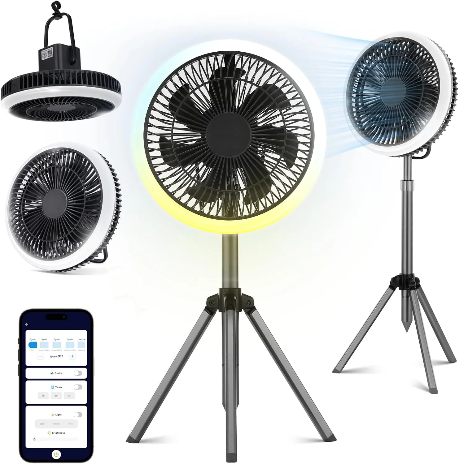 Lixada 5in1 Camping Fan with Light-Outdoor Fan with APP control,15000mAh Rechargeable Portable Standing Fan with LED lantern，Hanging Hook for Tents, Cordless USB Desk Fan, Dark Gray, M-USBOL6388-S