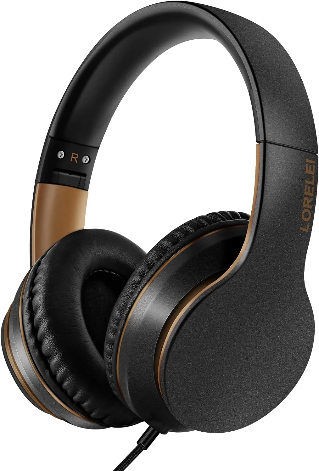 LORELEI X6 Over-Ear Headphones with Microphone, Lightweight Foldable & Portable Stereo Bass Headphones with 1.45M No-Tangle, Wired Headphones for Smartphone Tablet MP3 / 4 (Black-Gold)