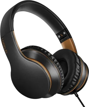 LORELEI X6 Over-Ear Headphones with Microphone, Lightweight Foldable & Portable Stereo Bass Headphones with 1.45M No-Tangle, Wired Headphones for Smartphone Tablet MP3 / 4 (Black-Gold)