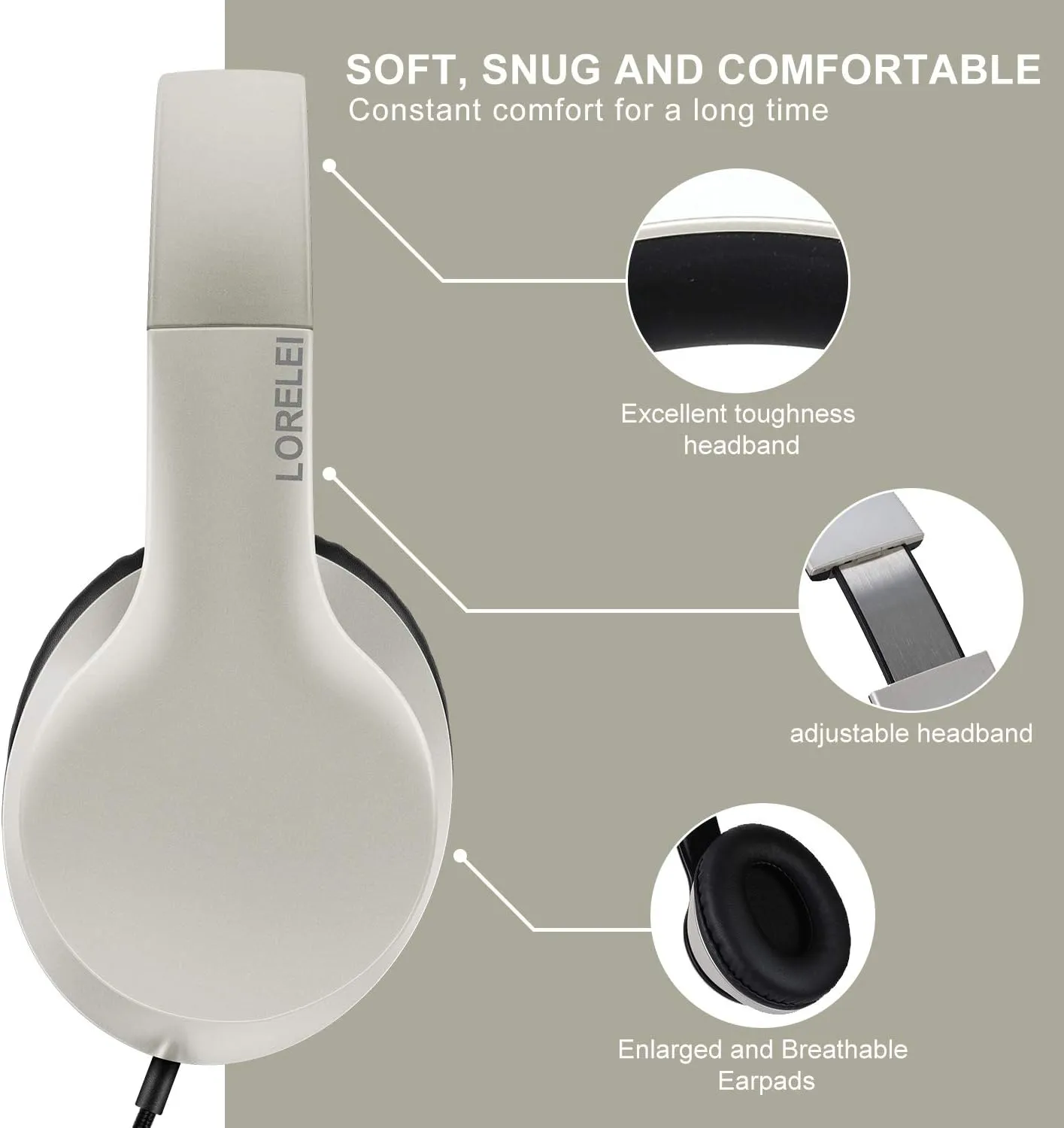 LORELEI X6 Over-Ear Headphones with Microphone, Lightweight Foldable & Portable Stereo Bass Headphones with 1.45M No-Tangle, Wired Headphones for Smartphone Tablet MP3 / 4