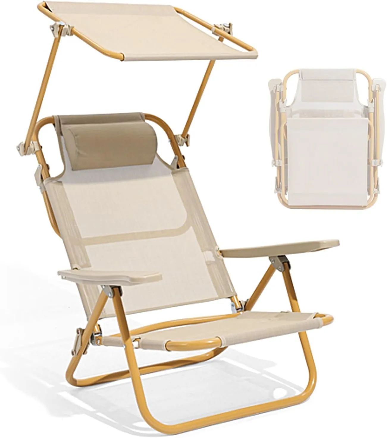 Low Beach Chair with Shade for Adults Lawn Chairs Folding with Adjustable Backrest 100kg Load Bearing Capacity Portable Camping Chair for Beach, Camping, Picnic, Fishing