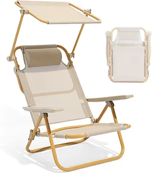 Low Beach Chair with Shade for Adults Lawn Chairs Folding with Adjustable Backrest 100kg Load Bearing Capacity Portable Camping Chair for Beach, Camping, Picnic, Fishing