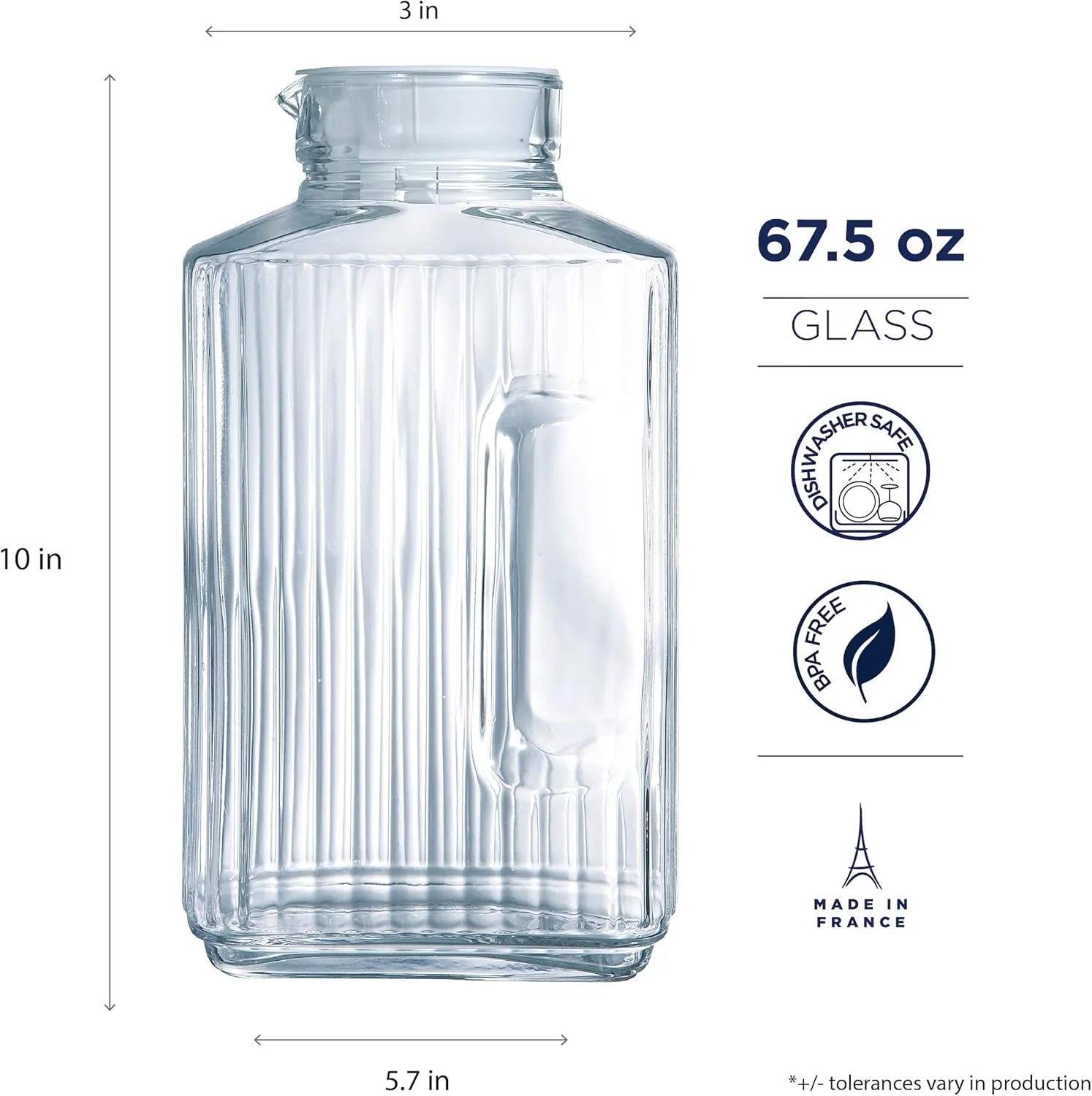 Luminarc Quadro 2-Liter Glass Pitcher with Lid, 67.5 Ounce, Clear/White