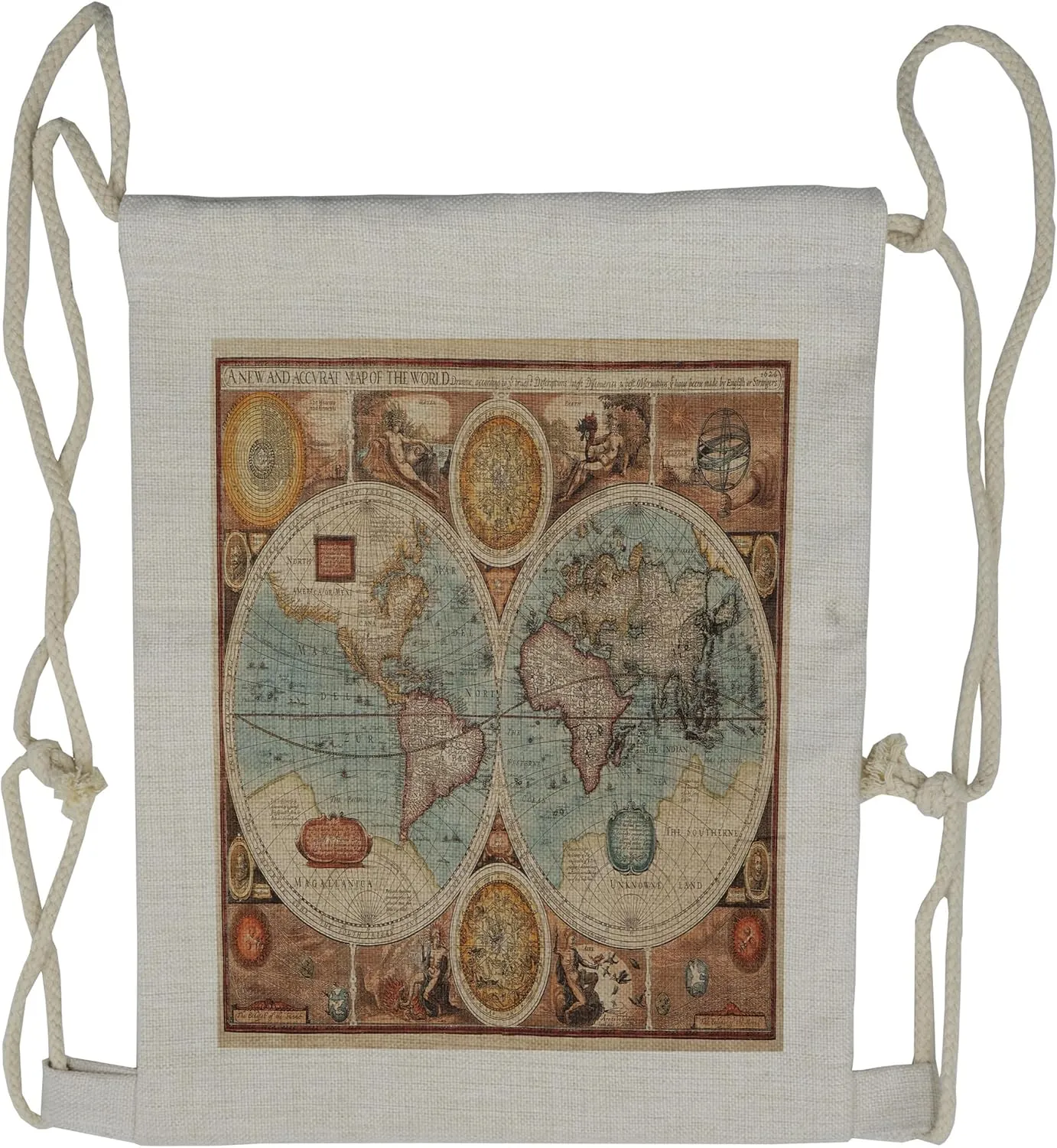 Lunarable Vintage Drawstring Backpack, World Map Geography Theme, Sackpack Bag