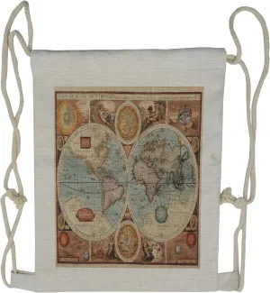 Lunarable Vintage Drawstring Backpack, World Map Geography Theme, Sackpack Bag
