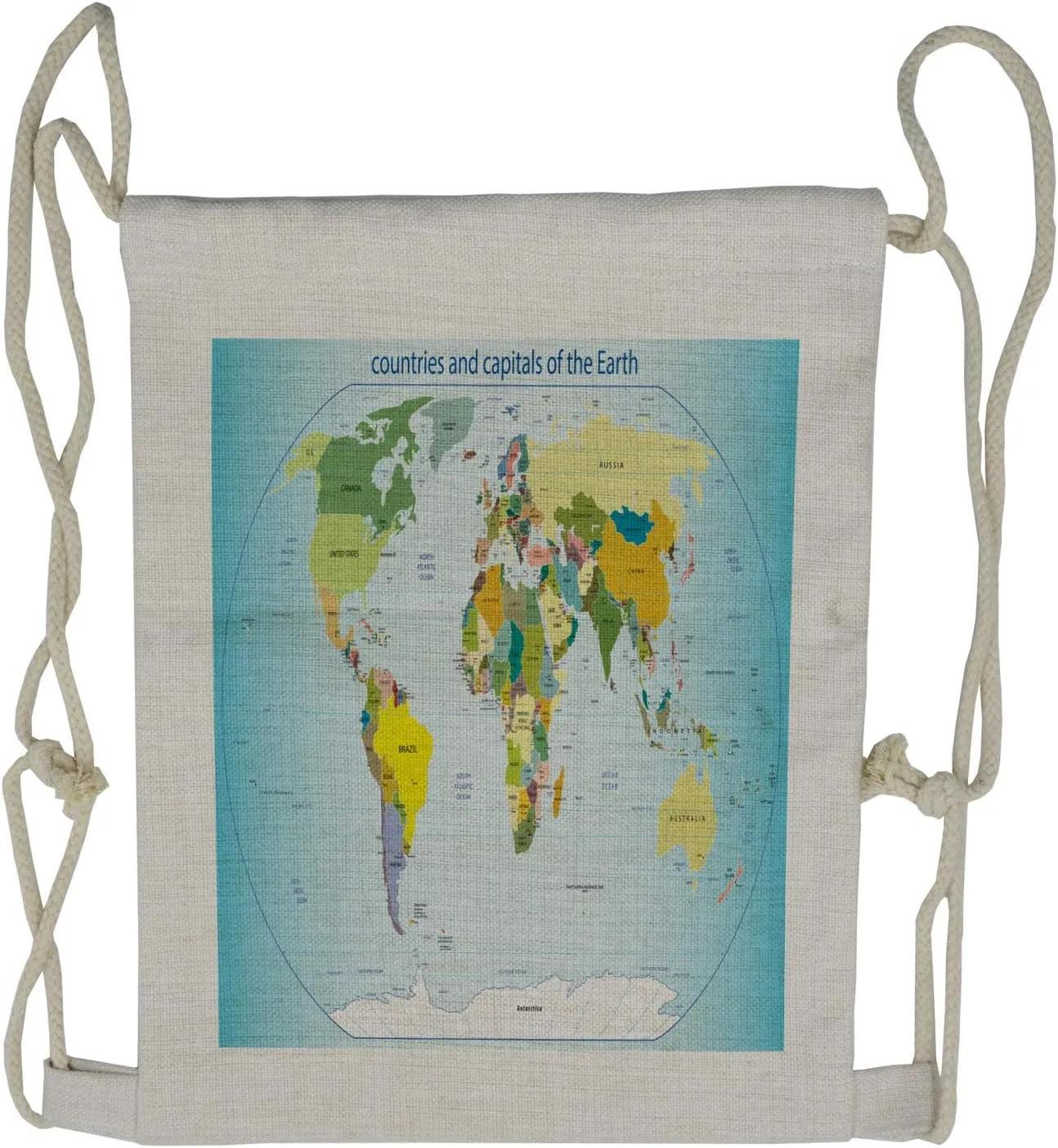 Lunarable World Map Drawstring Backpack, Countries with Cities, Sackpack Bag