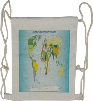 Lunarable World Map Drawstring Backpack, Countries with Cities, Sackpack Bag