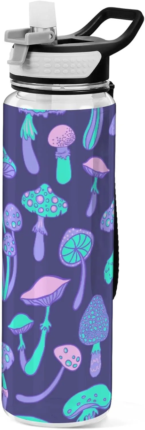 Magic Mushrooms Kids Water Bottle with Straw Psychedelic 60s Hippie Sports Bottles BPA-Free Tritan Plastic Water Jug for Women Men Gym Outdoors