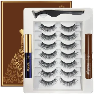 Magnetic Eyelashes with Applicator, 7 Pairs Cat Eye Magnetic Lashes Natural Looking with Eyeliner. Reusable,Upgraded Long Lasting,Lightweight,Easy, Cruelty Free (1black 1brown)