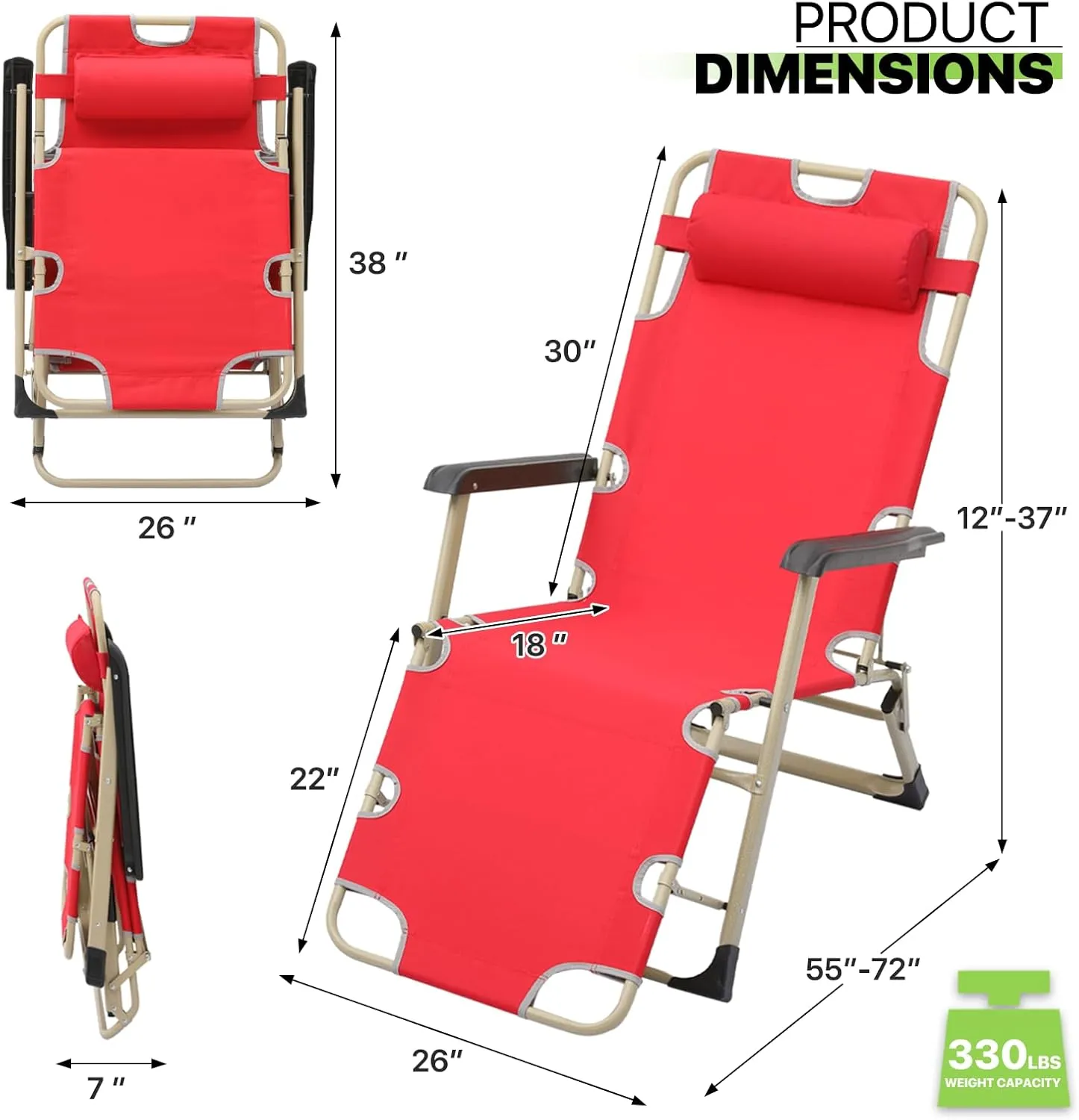 Magshion 2 Pieces Patio Folding Lawn Lounge Chairs Outdoor Lounger Chair Camp Reclining Lounge Chair with Additional Support Bar and Adjustable Headrest for Poolside Backyard