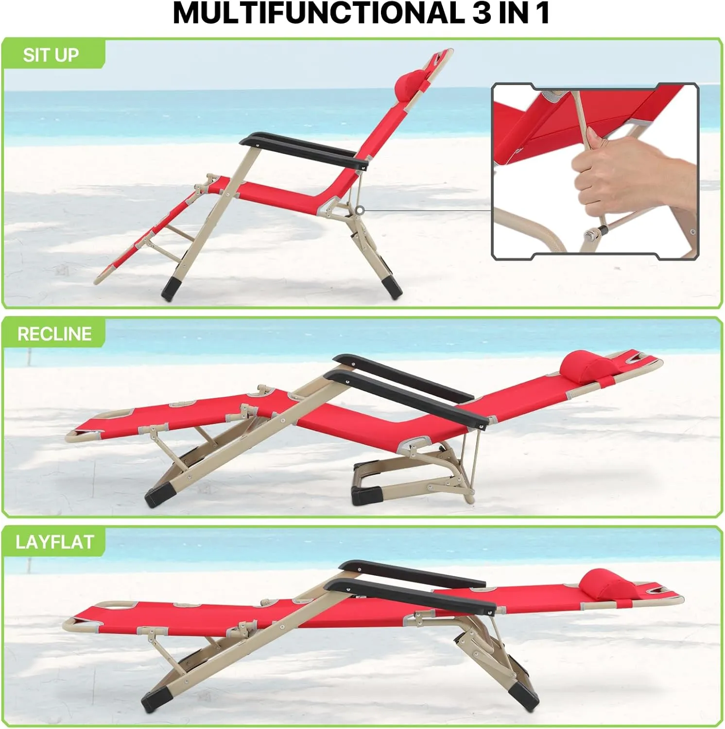 Magshion 2 Pieces Patio Folding Lawn Lounge Chairs Outdoor Lounger Chair Camp Reclining Lounge Chair with Additional Support Bar and Adjustable Headrest for Poolside Backyard