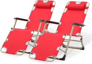 Magshion 2 Pieces Patio Folding Lawn Lounge Chairs Outdoor Lounger Chair Camp Reclining Lounge Chair with Additional Support Bar and Adjustable Headrest for Poolside Backyard