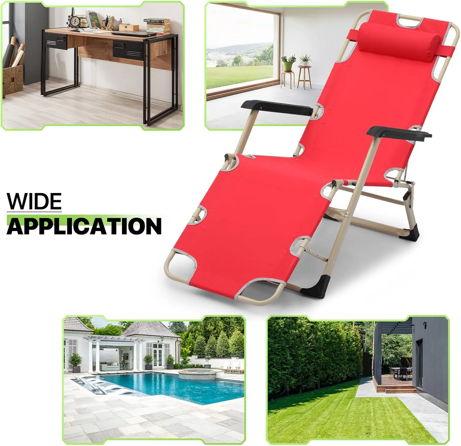 Magshion 2 Pieces Patio Folding Lawn Lounge Chairs Outdoor Lounger Chair Camp Reclining Lounge Chair with Additional Support Bar and Adjustable Headrest for Poolside Backyard