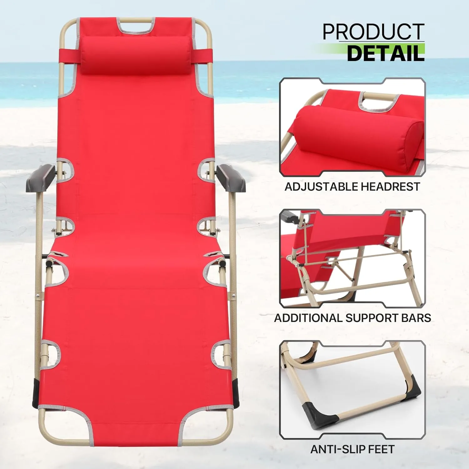 Magshion 2 Pieces Patio Folding Lawn Lounge Chairs Outdoor Lounger Chair Camp Reclining Lounge Chair with Additional Support Bar and Adjustable Headrest for Poolside Backyard