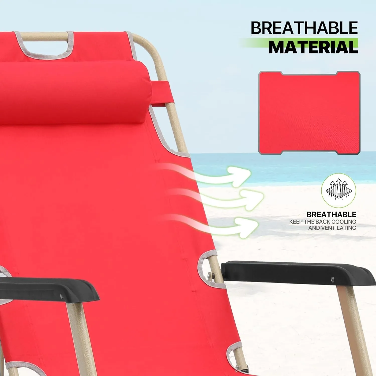 Magshion 2 Pieces Patio Folding Lawn Lounge Chairs Outdoor Lounger Chair Camp Reclining Lounge Chair with Additional Support Bar and Adjustable Headrest for Poolside Backyard