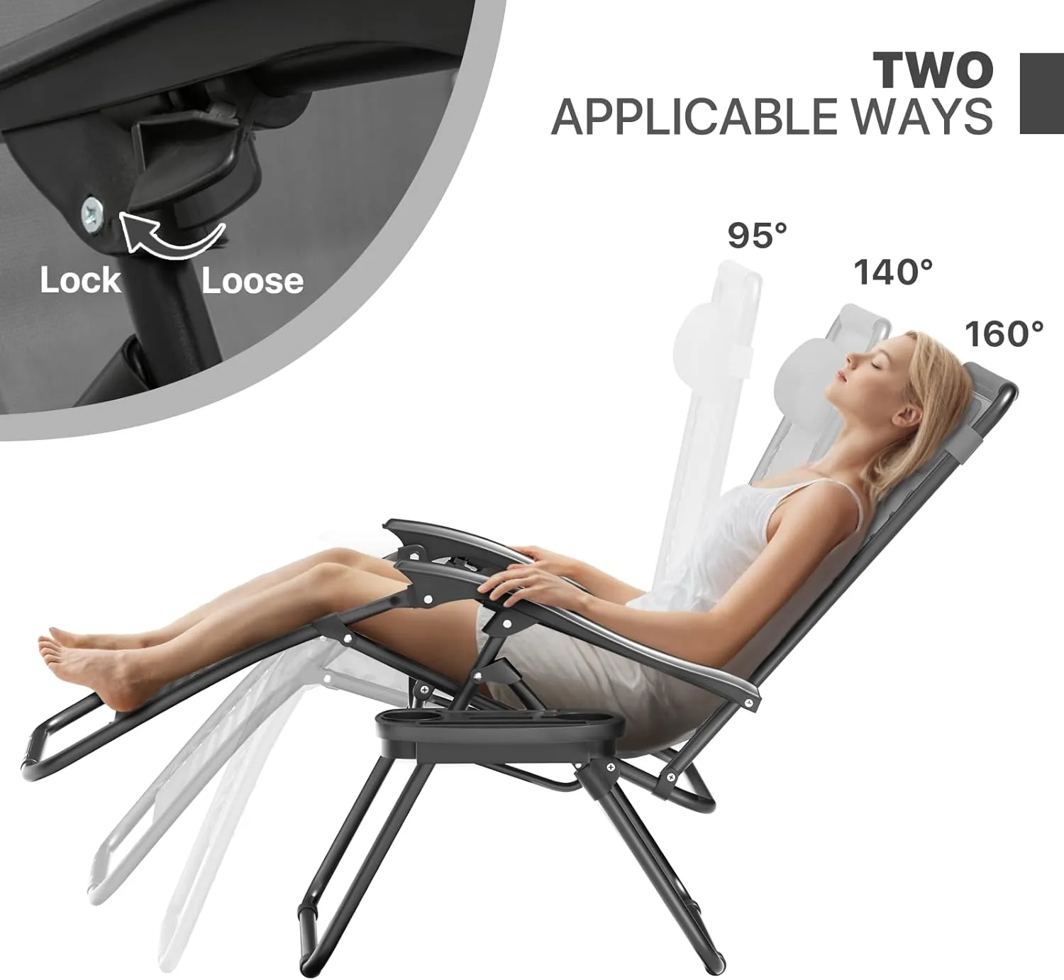 Magshion Zero Gravity Lounge Chairs Set of 2, Outdoor Patio Reclining Chair with Side Tray, Adjustable Anti-Gravity Recliners with Pillow Headrest, Folding Lounger for Lawn Camping Beach, Grey