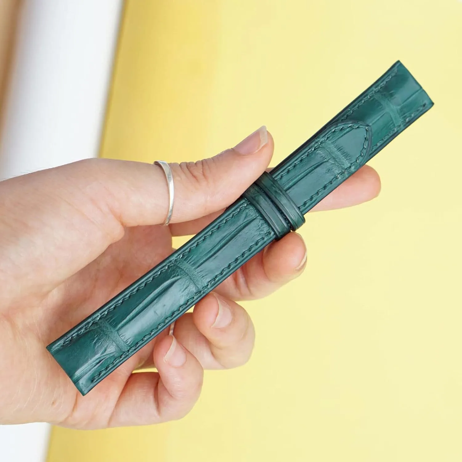 Malachite Green Alligator leather watch band, Handmade Alligator watch strap (14mm, Steel Folding Clasp)
